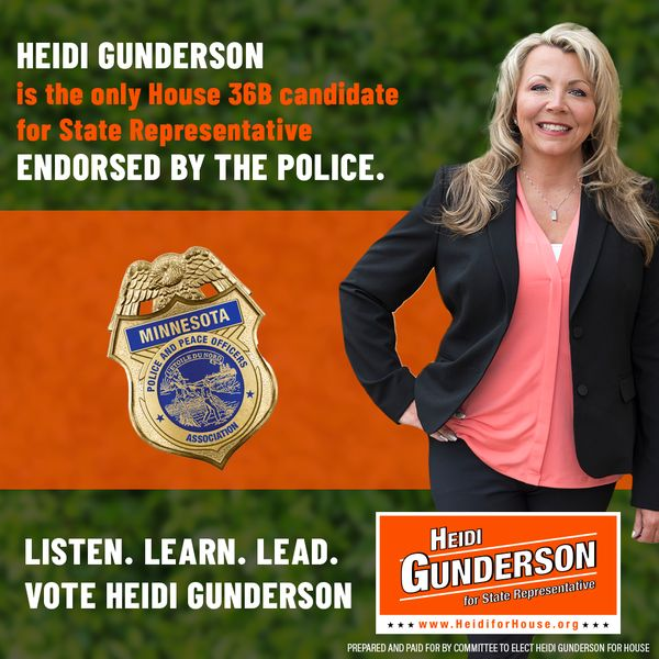 Republican Heidi Gunderson crafted a mailer entirely on public safety featuring the MPPOA endorsement and other law enforcement support.