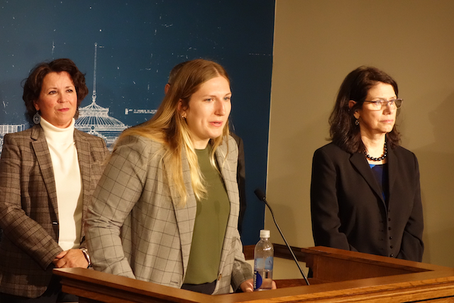 Megan Hondl, the campaign director for the Senate DFL caucus (center), with Sen. Mary Kunesh (left) and incoming Senate Majority leader Kari Dziedzic.