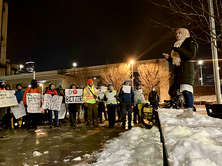 On Thursday, a small group of transit supporters rallied outside Heywood Garage, Metro Transit’s Near North Minneapolis headquarters, to call for change.