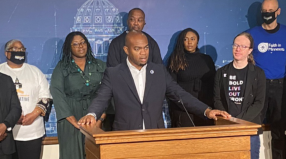 State Rep. Cedrick Frazier, center: “This is a values statement and the values are that every Minnesotan, no matter what zip code you’re in, no matter what color your skin is, no matter what circumstance you were born into, you have a right to be safe in your community.”