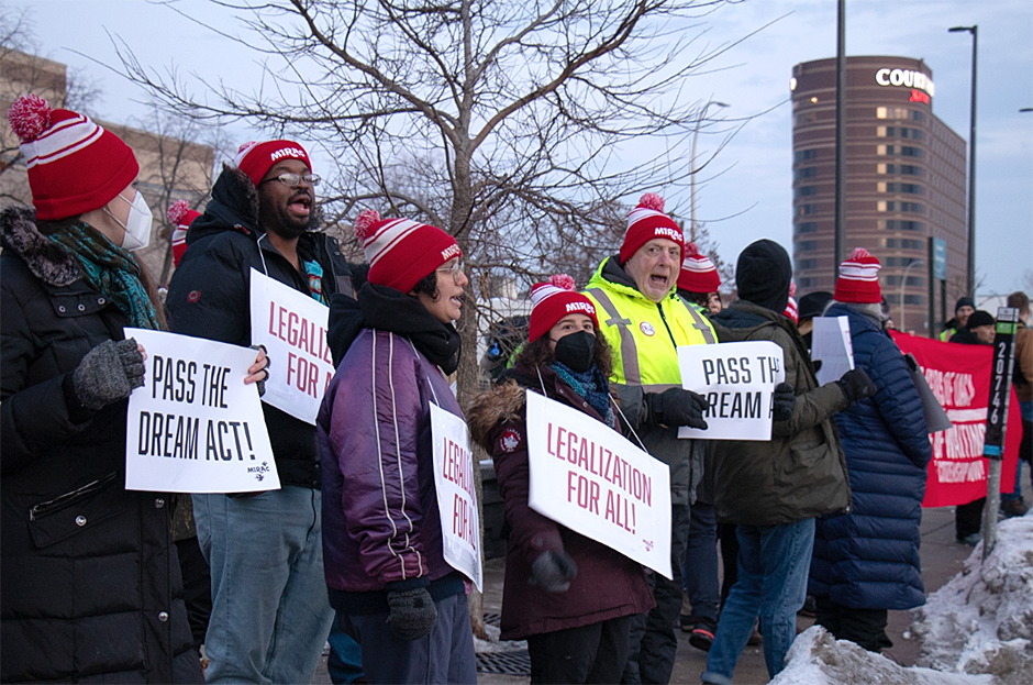 Minnesota Immigrant Rights Action Committee members, joined by CAIR-Minnesota, an Islamic Civil Liberties and Advocacy Group, held a demonstration outside of Sen. Amy Klobuchar’s Minneapolis office on Thursday afternoon.