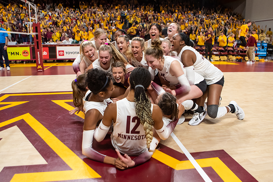 A packed house at Maturi Pavilion celebrating along with Minnesota Golden Gopher players after a three-set victory over defending national champion Wisconsin on Sept. 25.