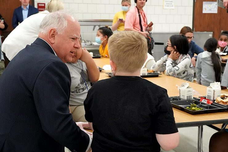 Gov. Tim Walz speaking to school children on a visit to Como Park Elementary on May 17.