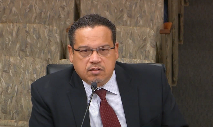 Attorney General Keith Ellison testifying before the House State and Local Government and Veterans Committee.