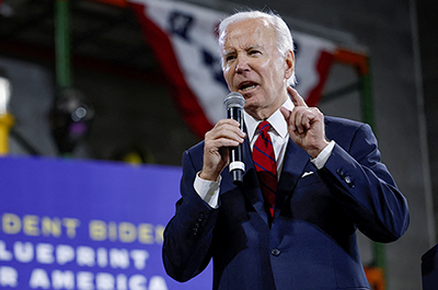 President Joe Biden delivering an economic speech at SteamFitters UA Local 602 in Springfield, Virginia, on Thursday.