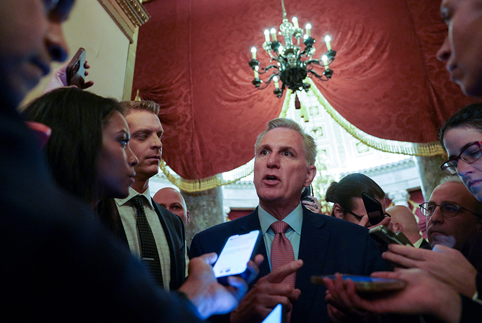 House Republican leader Kevin McCarthy speaking with reporters in the Will Rogers corridor just off the floor of the House of Representatives on Tuesday.