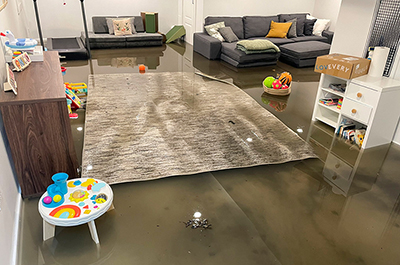 Flooding occuring in the basement of Camila Pechous’ home in the Portage Park neighborhood of Chicago