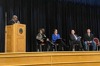 From left: Justin Terrell, executive director of Minnesota Justice Research Center and moderator; DFL state Sen. Clare Oumou Verbeten; DFL state Rep. Kelly Moller; Minnesota Corrections Commissioner Paul Schnell; and GOP state Rep. Paul Novotny.