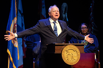 Gov. Tim Walz speaking during his inauguration ceremony on Monday.