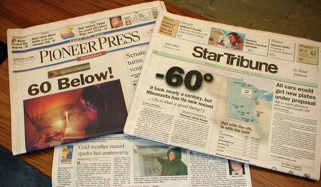 Newspaper headlines from February 3, 1996, the day after a state record low temperature of 60 degrees below zero in Tower, Minnesota.