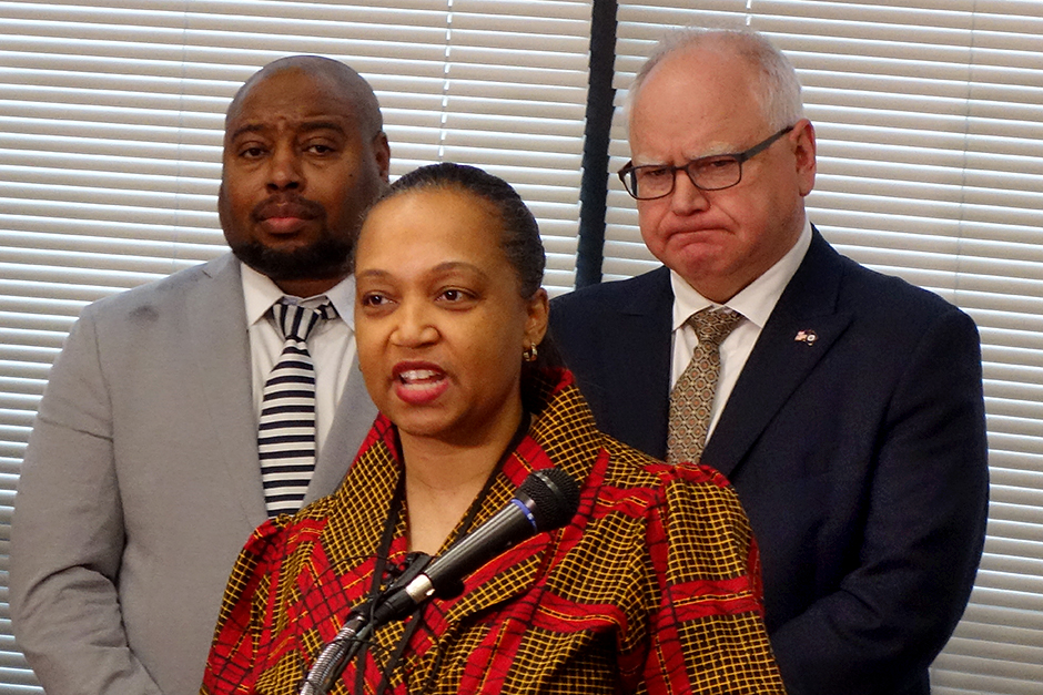 In January, Gov. Tim Walz, right, appointed Brooke Cunningham, center, as commissioner of the Minnesota Department of Health.