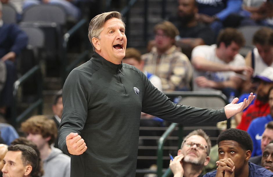 Minnesota Timberwolves head coach Chris Finch reacting during the February 13 game against the Dallas Mavericks at American Airlines Center.