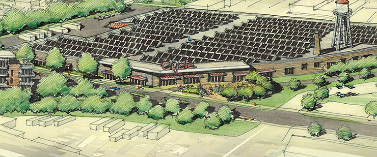 This rendering provides a view of what the Roof Depot site could look like if it were developed in the community vision.