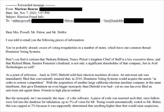 An excerpt from Marlene Bourne’s email to former federal prosecutor Sidney Powell, conservative activist Tom Fitton and Fox News host Lou Dobbs.