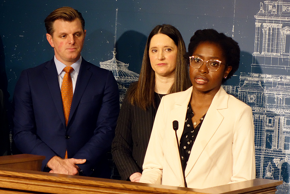 From a press conference announcing the House and Senate DFL housing agenda, from left: House Housing Committee Chair Mike Howard, Senate Housing Committee Chair Lindsey Port, and state Rep. Esther Agbaje.