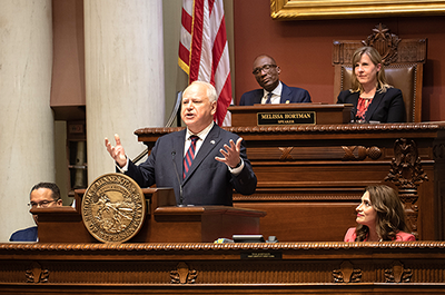 Gov. Tim Walz giving the State of the State address to a joint session of the legislature in the House Chamber on Wednesday.