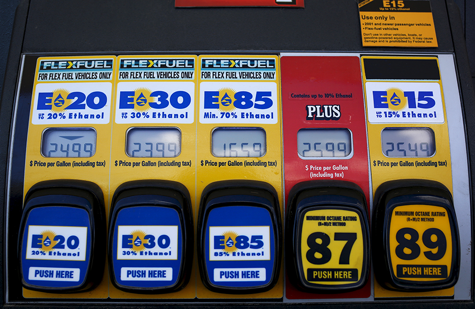 A gas pump featuring E15 and various other ethanol blends.