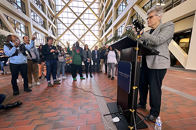 Hennepin County Attorney Mary Moriarty, far right, speaking at a Friday morning press conference in the Hennepin County Government Center.