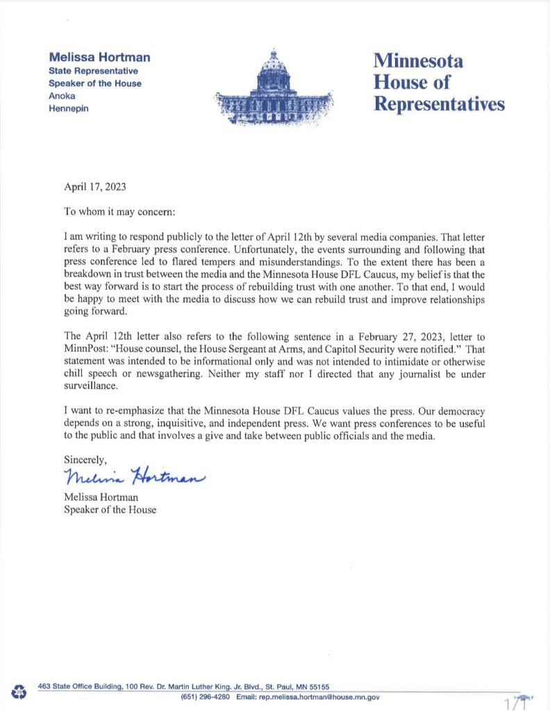 Letter from MN House of Representatives
