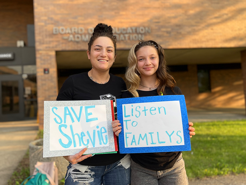 Fifth grader Giavonna Deneen and her mom, Sara Semi, outside of the St. Paul Board of Education building after a school board meeting on May 23.