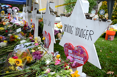 Flowers and other items left as memorials outside the Tree of Life synagogue in Pittsburgh, Pennsylvania, shown in a November 3, 2018, photo.