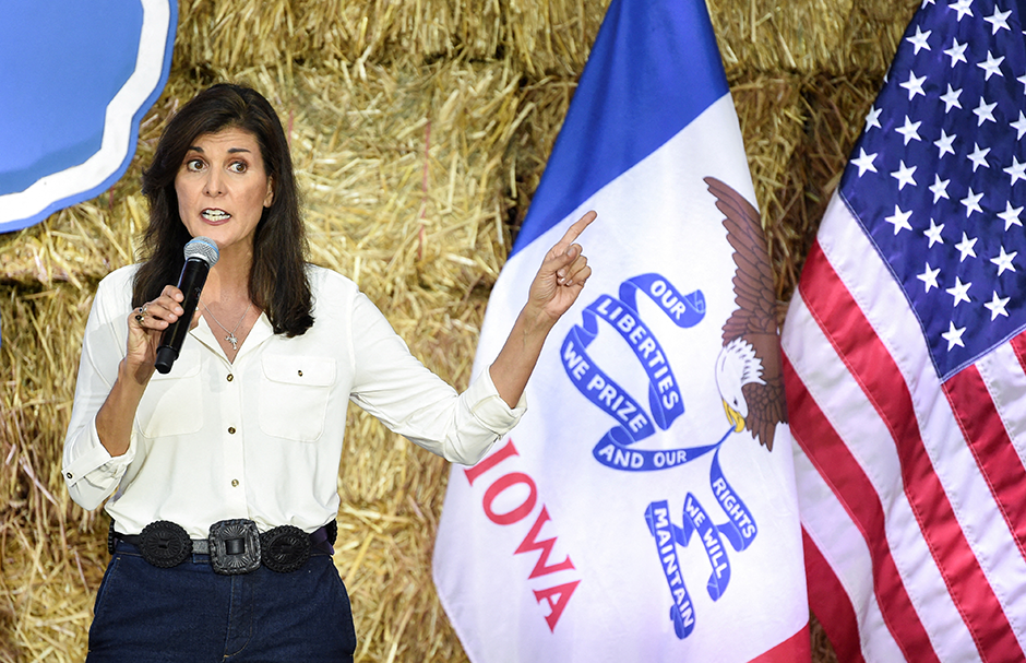 Republican presidential candidate Nikki Haley speaking at the "Roast and Ride" event while campaigning in Des Moines, Iowa, on June 3, 2023.