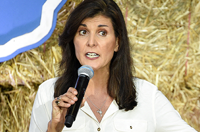 Republican presidential candidate Nikki Haley speaking at the "Roast and Ride" event while campaigning in Des Moines, Iowa, on June 3, 2023.