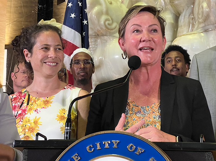 St. Paul City Council president Amy Brendmoen, right, speaking as fellow council member Rebecca Noecker looks on during the May 31 press conference.