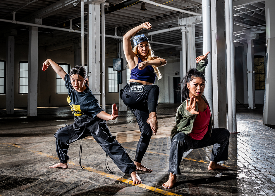 Hannah Nguyen, Michelle de Joya and Soudavone Khamvongsa in a rehearsal photo for “Shaman Warrior & Cannibals.”