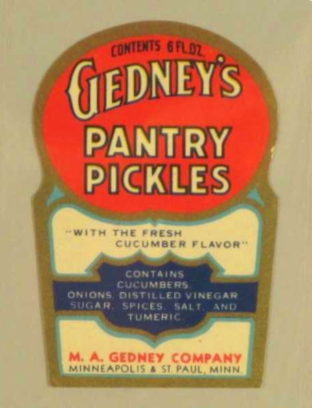 Gedney's Pantry Pickles label, circa 1935