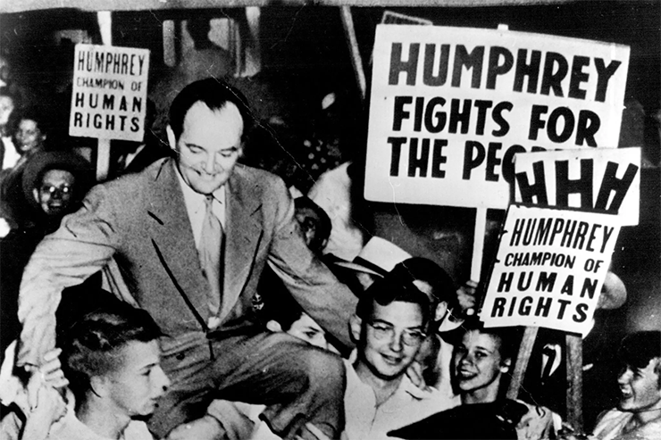 Hubert Humphrey, shown here greeted by Minnesotans on his triumphant return from 1948 Democratic convention in Philadelphia, was arguably the most impactful national leader in the state’s history, and a symbol of the state’s enduring liberal attitudes