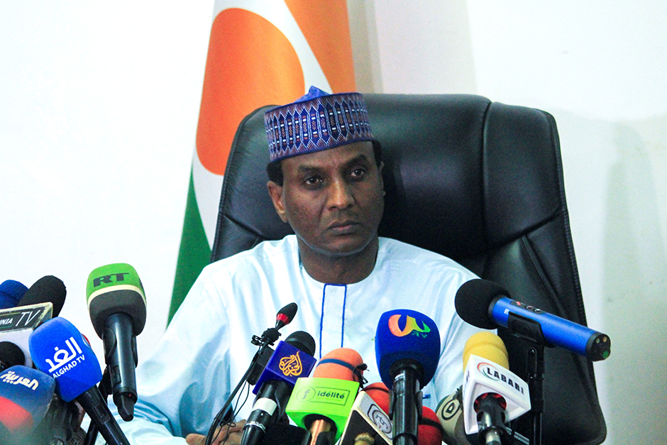Niger's junta-appointed Prime Minister Ali Mahamane Lamine Zeine speaking during a press conference in the capital Niamey, Niger, on September 4.