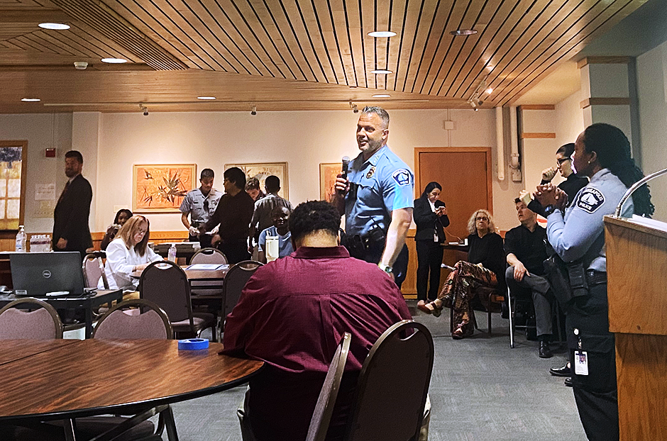 Minneapolis Police Chief Brian O’Hara, center, speaking during Wednesday night’s community engagement session on non-discriminatory policing. Commander Yolanda Wilks, who heads MPD’s new Implementation Unit for the settlement agreement, is shown far right.