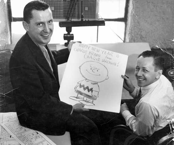 Charles Schulz, right, his drawing of the Charlie Brown character, and Charlie Brown, left, the inspiration for the character.