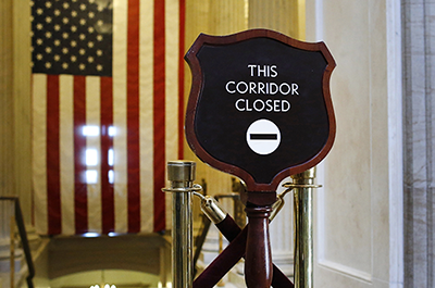 A corridor marked closed to foot traffic at the U.S. Capitol during the government shutdown of 2013.