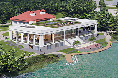 Aerial view from the southeast Como lakeside pavilion concept design.