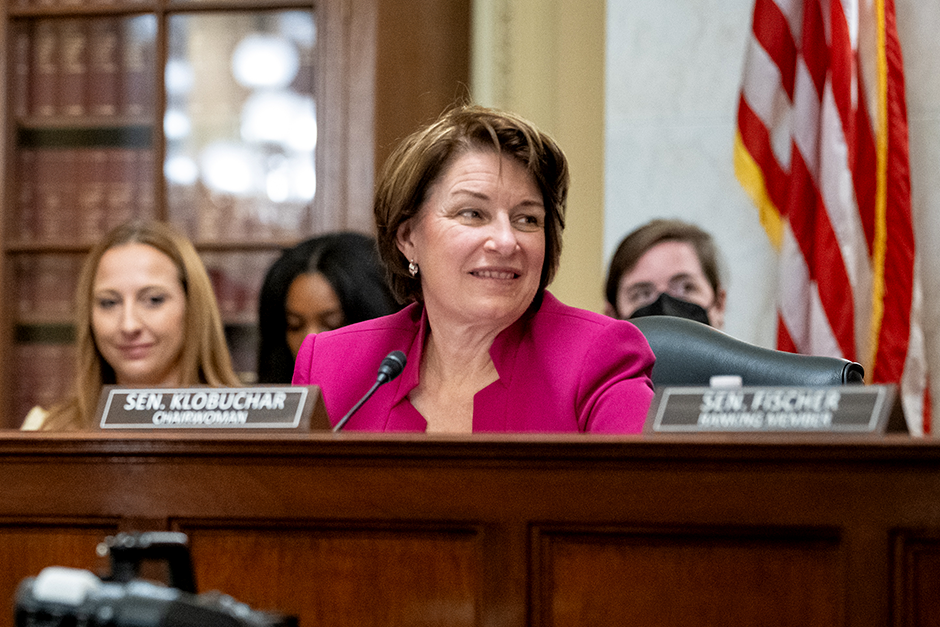 Sen. Amy Klobuchar shown during Wednesday’s Senate Rules Committee hearing on AI and Elections.