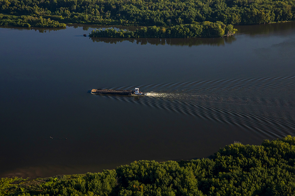 A barge on the Mississippi River near the Quad Cities of Iowa and Illinois on Sept. 18, 2023. Aerial support provided by LightHawk.