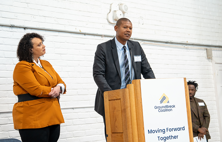 GHR Foundation’s Kevin Bennett, right, speaking alongside McKnight Foundation President Tonya Allen at the Moving Forward Together launch event on October 31 at the Sabathani Community Center in Minneapolis.