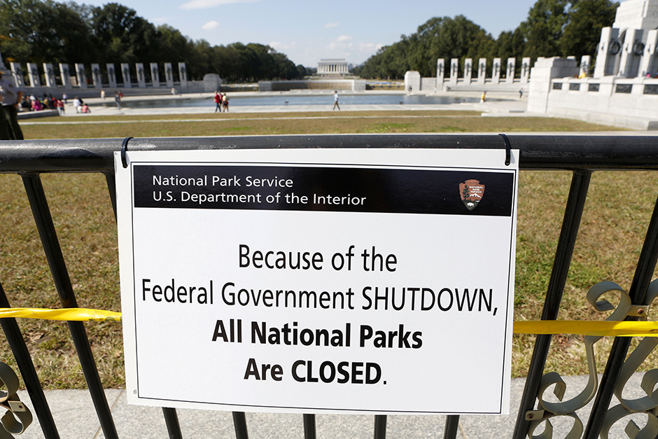 A closure sign on a barricade at the World War Two Memorial during the U.S. government shutdown in October 2013.