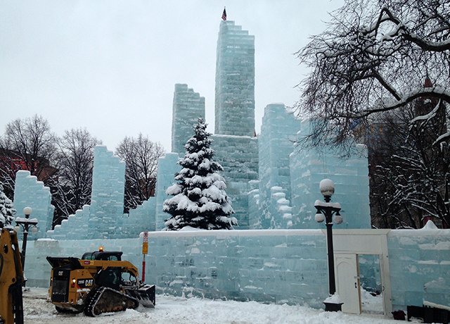 Final touches being made to the Ice Palace in Rice park in St. Paul.