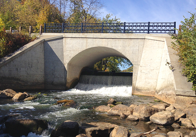 The wide portion of the creek terminates at the site of the Edina Mill.
