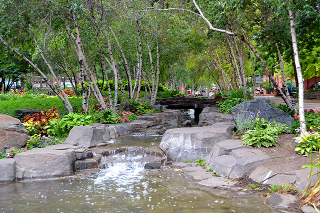 A brook flowing through the remodeled Mears Park in downtown St. Paul.