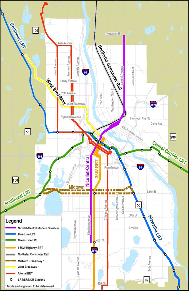 Existing and planned rail and BRT in Minneapolis