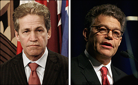 Sen. Norm Coleman, left, has political baggage to deal with during the campaign -- but so does Al Franken.