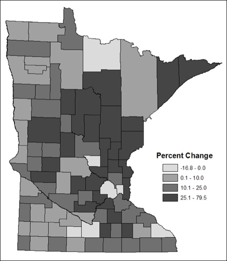 This map shows that nearly every rural county in Minnesota experienced growth in the 35-39 age range.