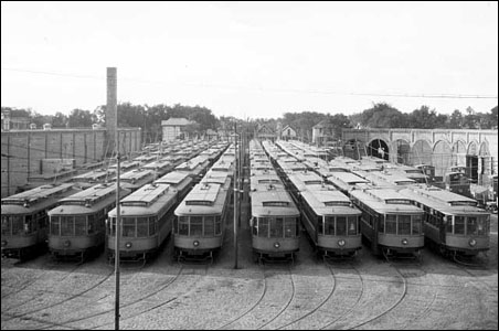 Twin City Rapid Transit streetcars sit at 3110 Nicollet Avenue, in Minneapolis.