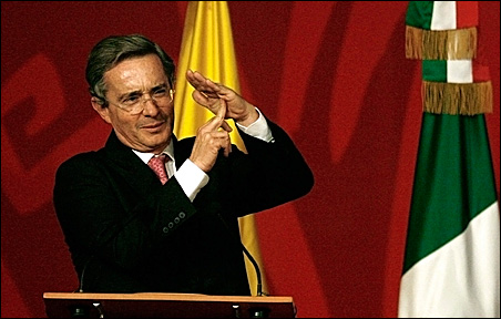 Colombian President Alvaro Uribe gestures during the opening ceremony of the International Book Festival in Bogota August 12, 2009.