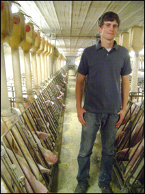 Dan Roberts, 23, keeps an eye on some of the 500 sows on his family’s farrow-to-finish hog operation.