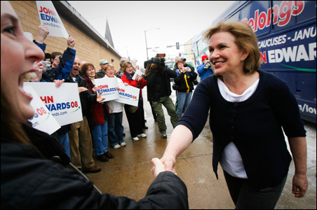 Elizabeth Edwards, wife of U.S. Democratic Presidential candidate and former Senator John Edwards (D-NC), shakes hands with supporters as she campaigns in Boone, Iowa December 29, 2007.